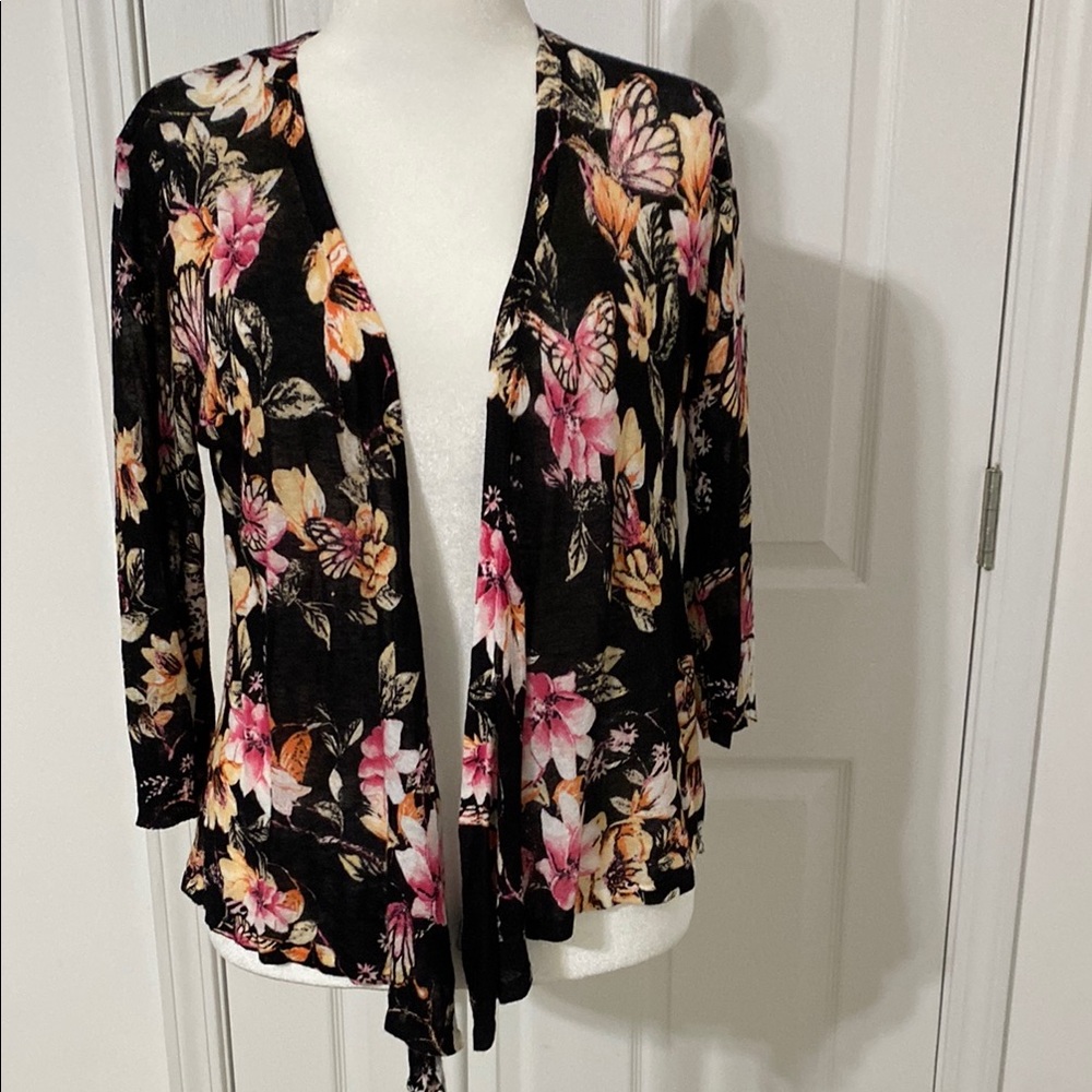 Chico's Black Floral Knit Lightweight Cardigan